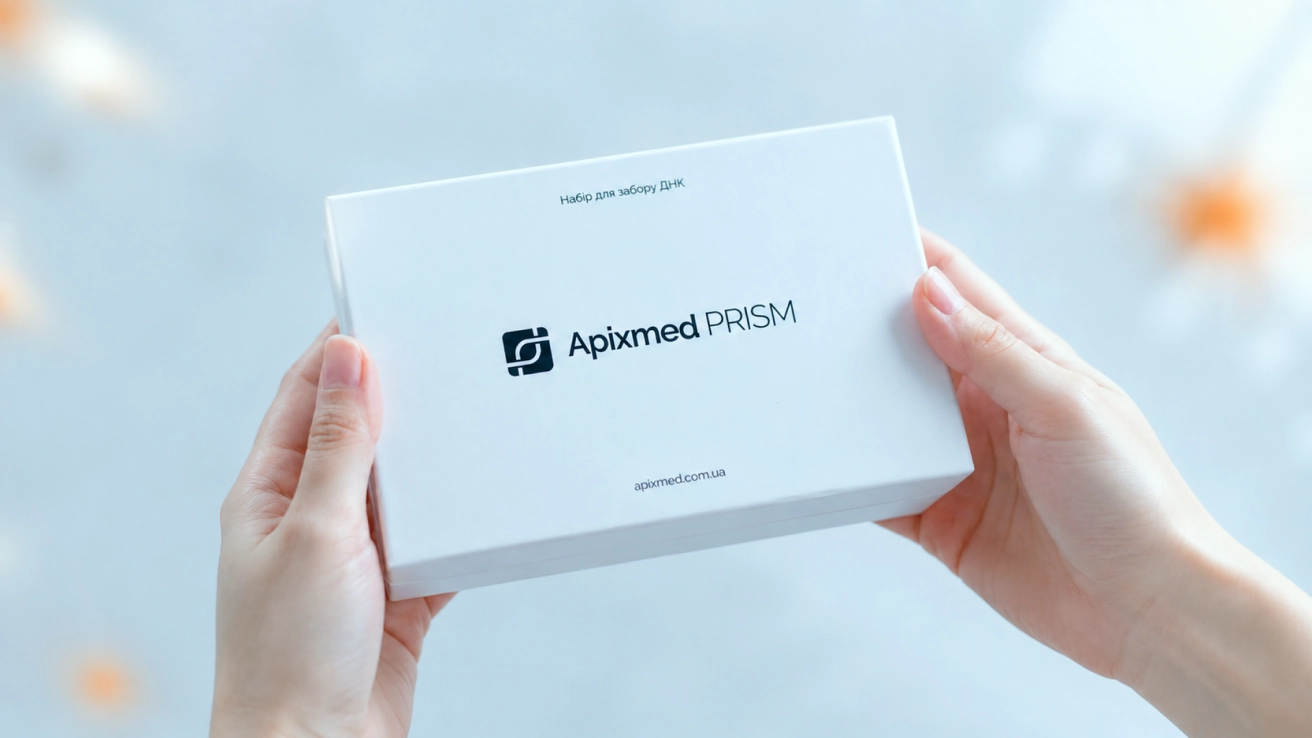 Руки держат закрытую белую коробку с фирменным логотипом Apixmed PRISM и надписью «Набір для забору ДНК» — главное изображение к инструкции по сбору