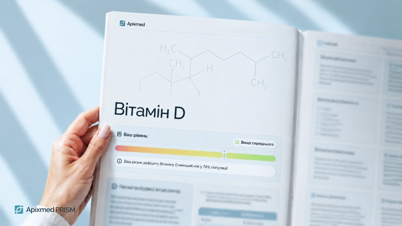 Genetic Testing Results in the Apixmed Prism Report A woman's hand holding an open page of a printed genetic report showing the Vitamin D section and a population risk level scale.