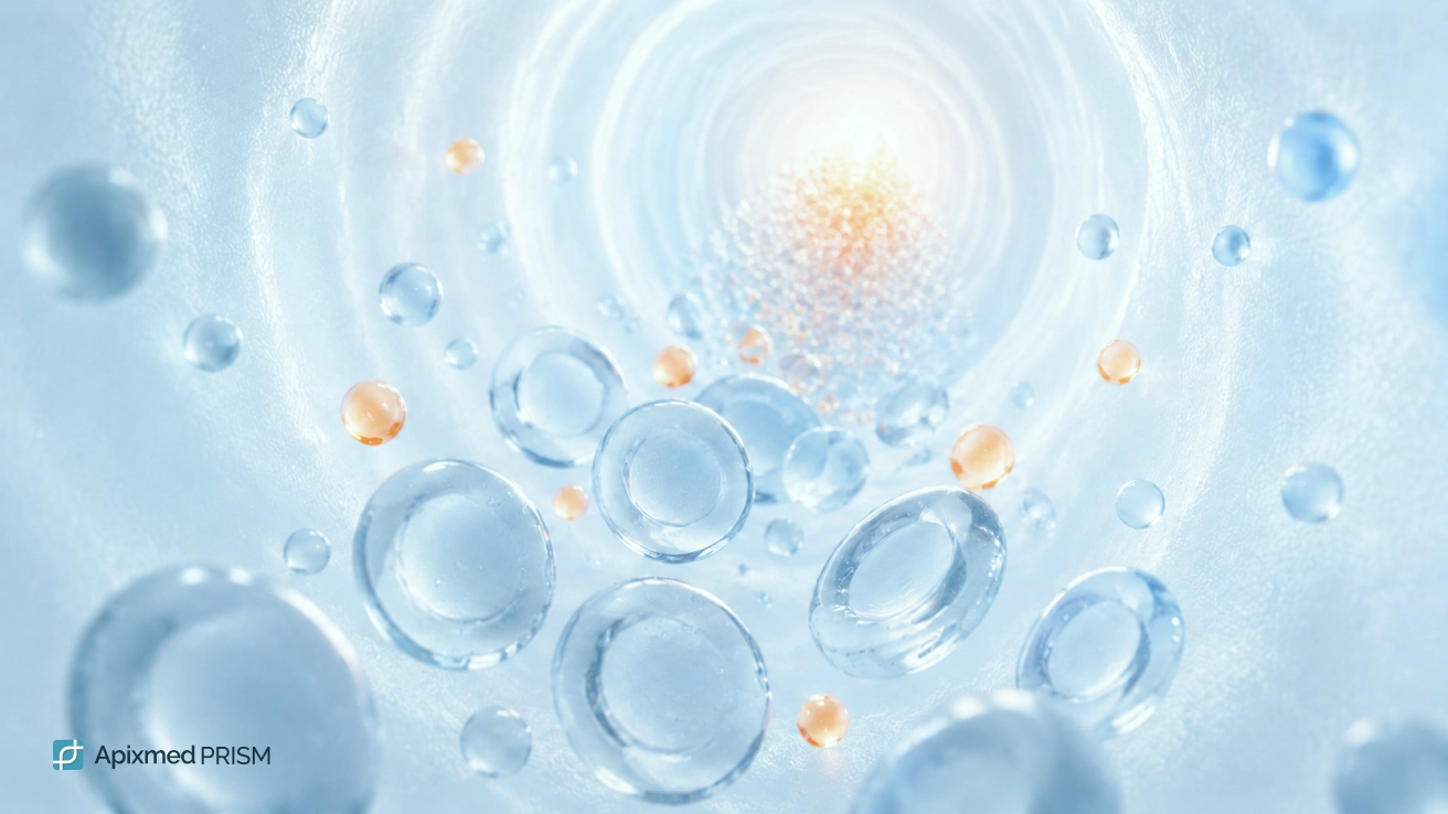 Mineral Absorption and Blood Pressure Regulation at Cell Level — Apixmed Prism Potassium, sodium and magnesium molecules in a fluid environment — illustrating mineral balance and blood pressure regulation mechanisms