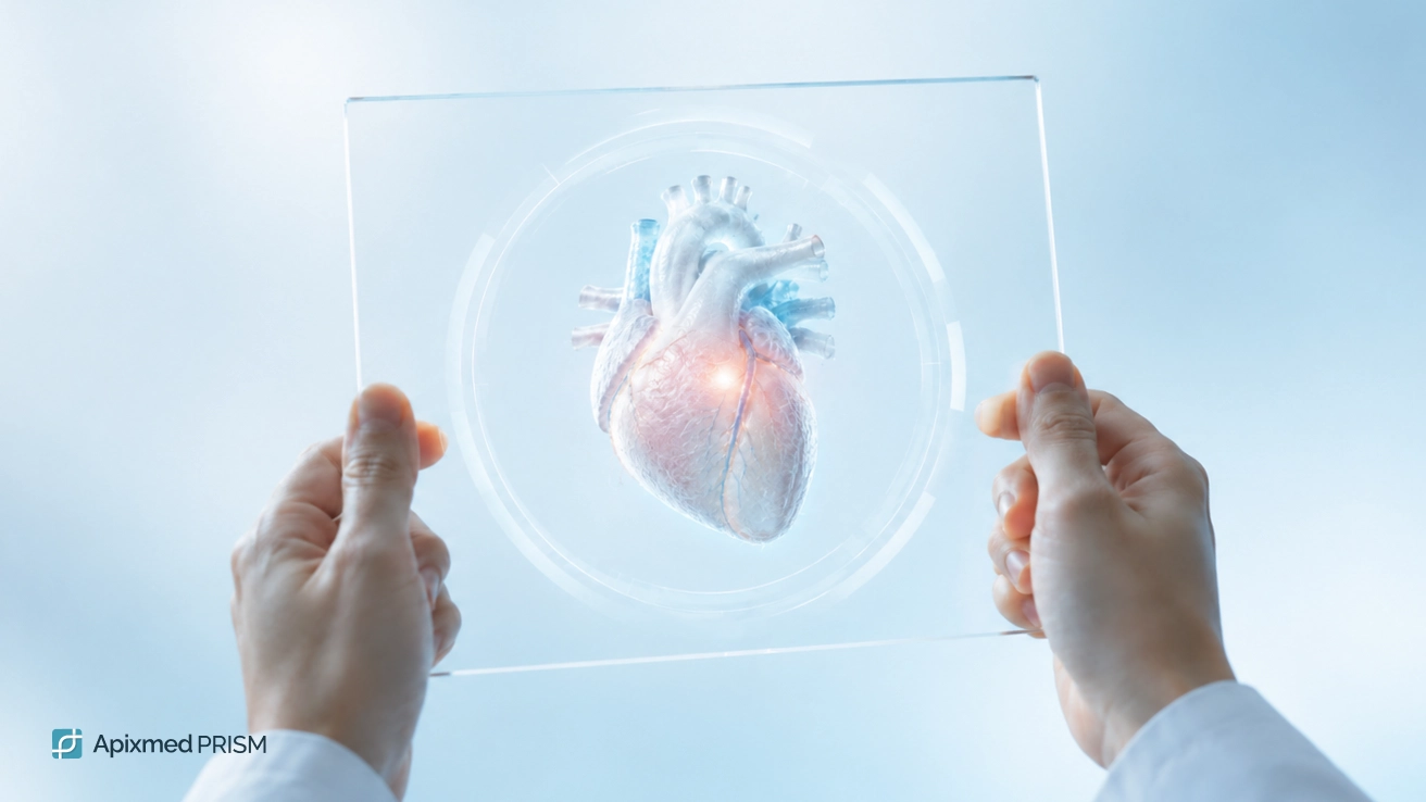 Hands holding a transparent tablet with a 3D heart model — illustrating the genetic dimension of cardiovascular health