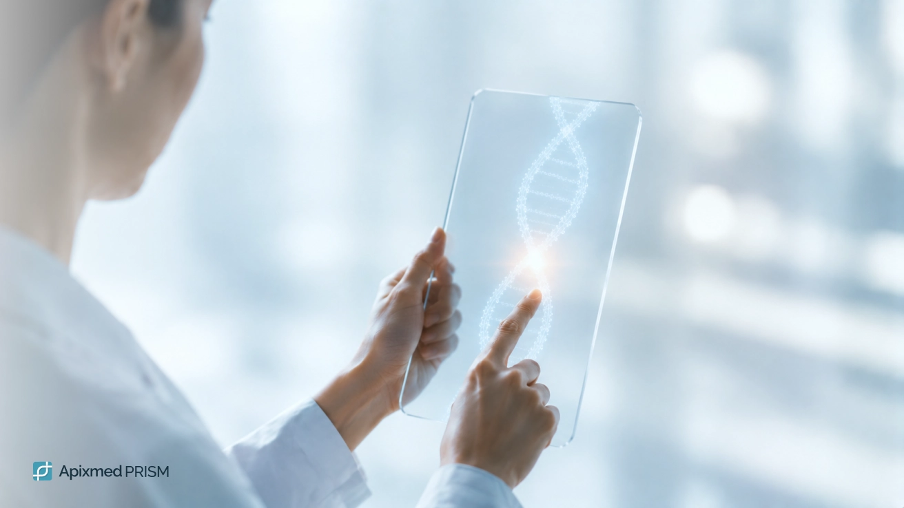 Genetic Predisposition and Personalised Nutrition — Apixmed Prism Person in a white coat interacting with a 3D DNA model on a transparent tablet — illustrating the genetic approach to personalised nutrition