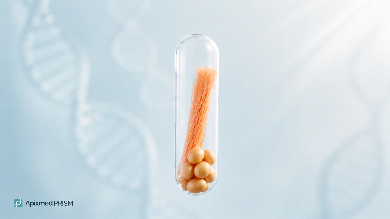 Personalized Nutraceutical Support for the Body — Apixmed Prism A transparent capsule under microscopic view with natural microspheres and fibers against a DNA background, illustrating test-based supplement selection.