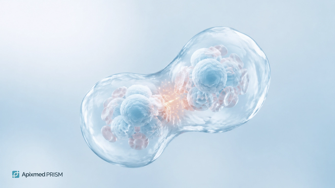 A 3D model of a living cell during division or intracellular exchange, illustrating inherited mitochondrial function traits.