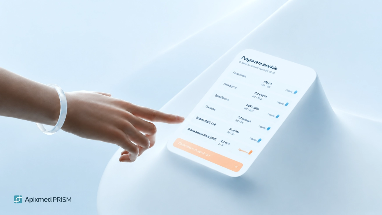 A woman's hand touching the digital screen of a medical device displaying blood test results (hemoglobin, glucose, vitamin D), illustrating indicator control.