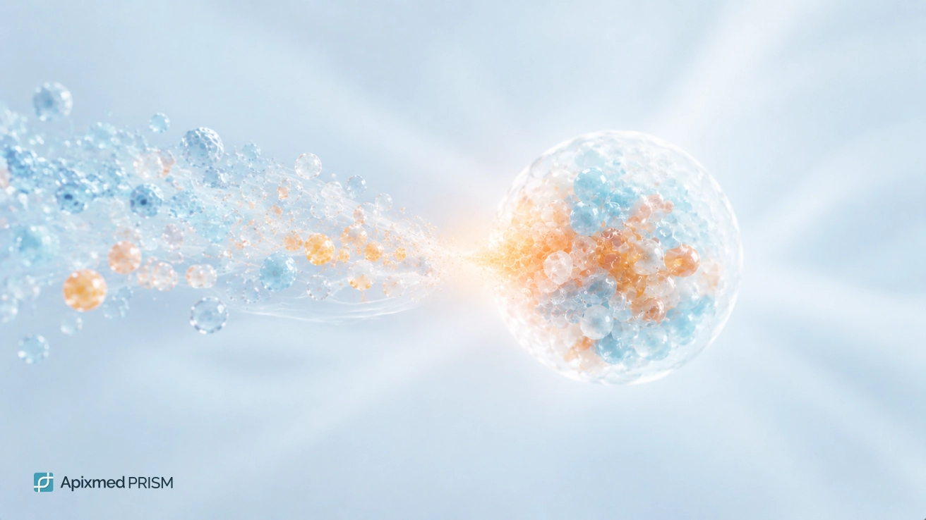 Cellular Processes and Molecular Aging Markers — Apixmed Prism A 3D sphere absorbing or emitting a stream of small biochemical molecules, legacy illustrating DNA methylation mechanisms and cellular renewal.