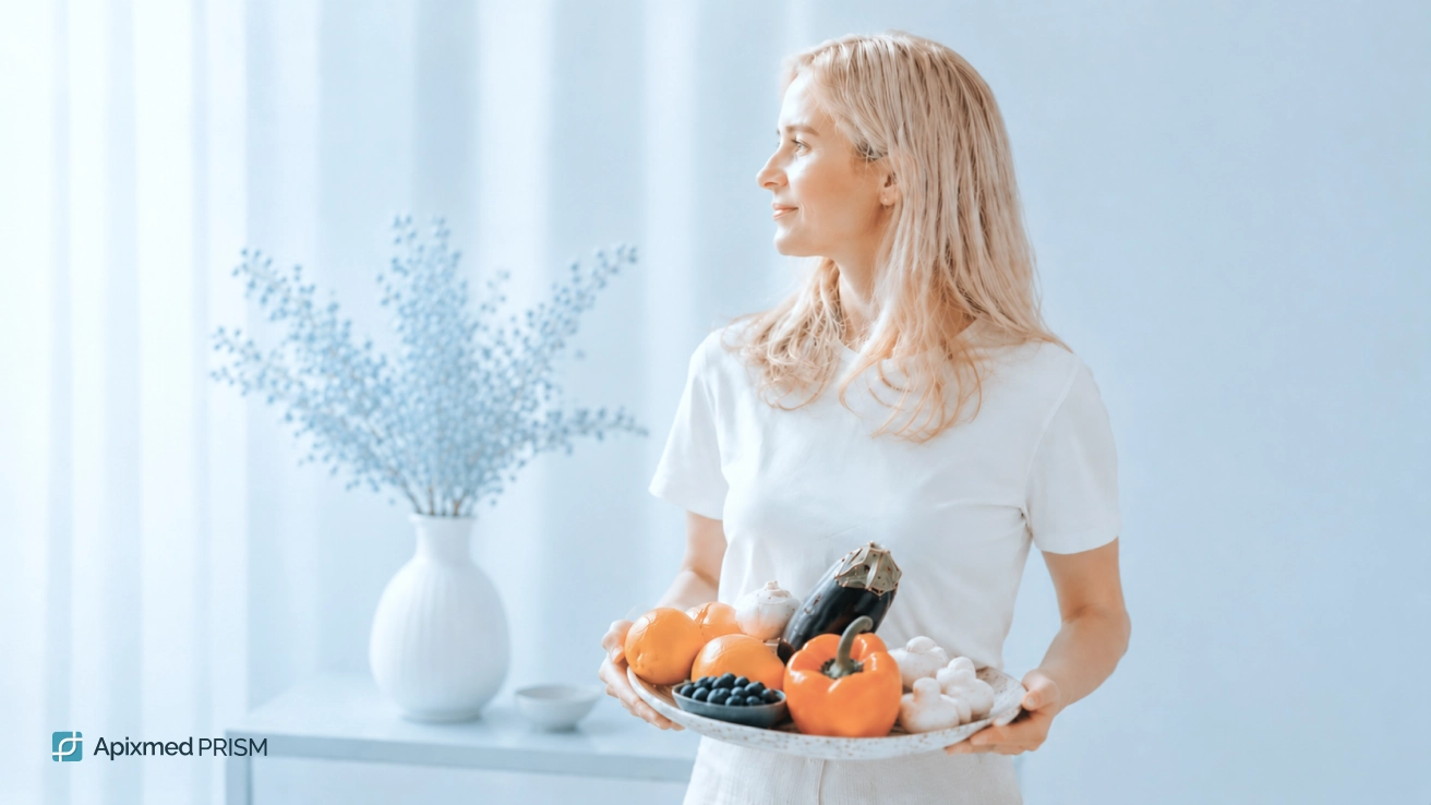 Personalized Approach to Longevity and Health — Apixmed Prism A smiling blonde woman holding a large platter of fresh vegetables and mushrooms against a light background — the main cover image for the article on managing age-related changes.