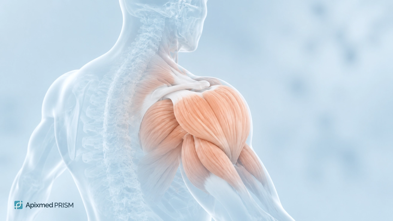 Anatomical Structure of Muscles and the Musculoskeletal System — Apixmed Prism A 3D anatomical model of the human shoulder girdle and arm muscles, illustrating inherited injury predisposition and tendon strength.