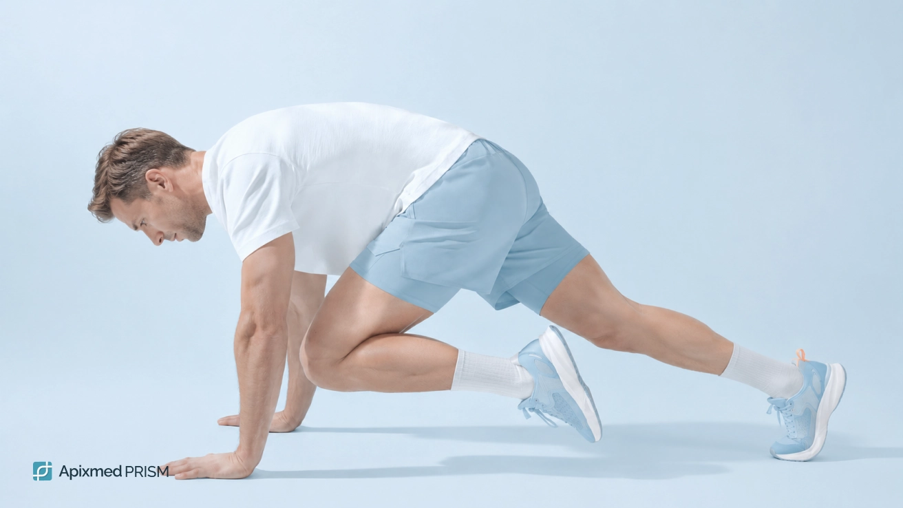 Genetic Factors of Endurance and Athletic Potential — Apixmed Prism A man in athletic wear performing a mountain climber exercise on a light background — the main cover image for the article on muscle function.