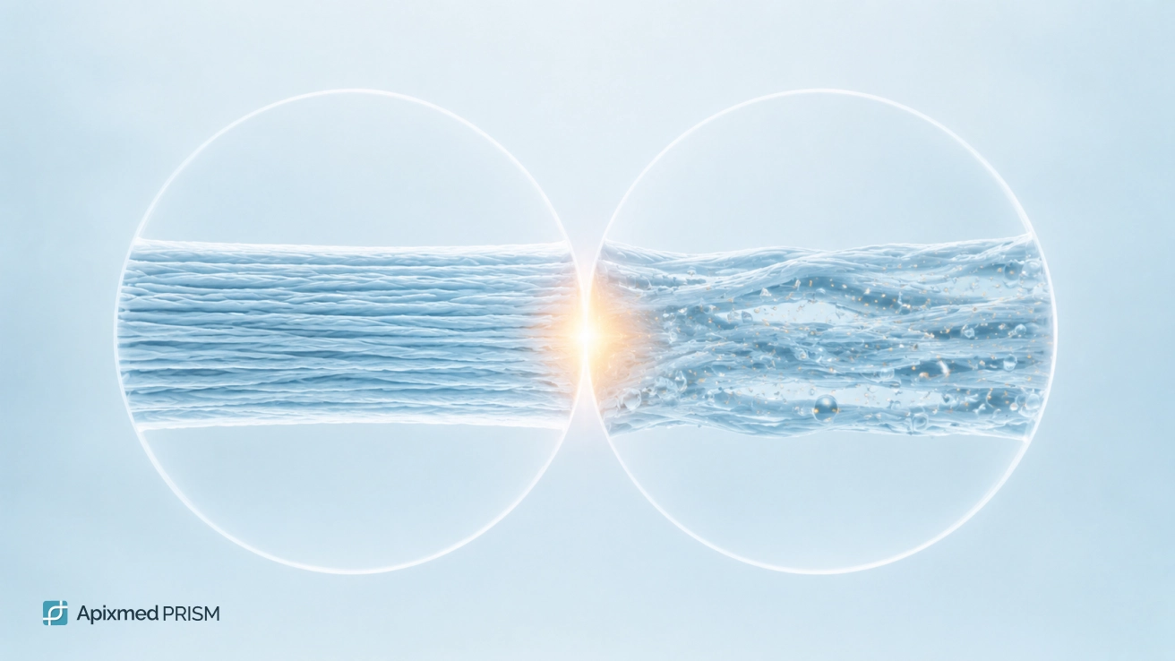 Microstructure and Elasticity of Muscle Fibers — Apixmed Prism A view of two fiber types within circular lenses (dense strands and an elastic texture), illustrating genetic differences in muscle cells.