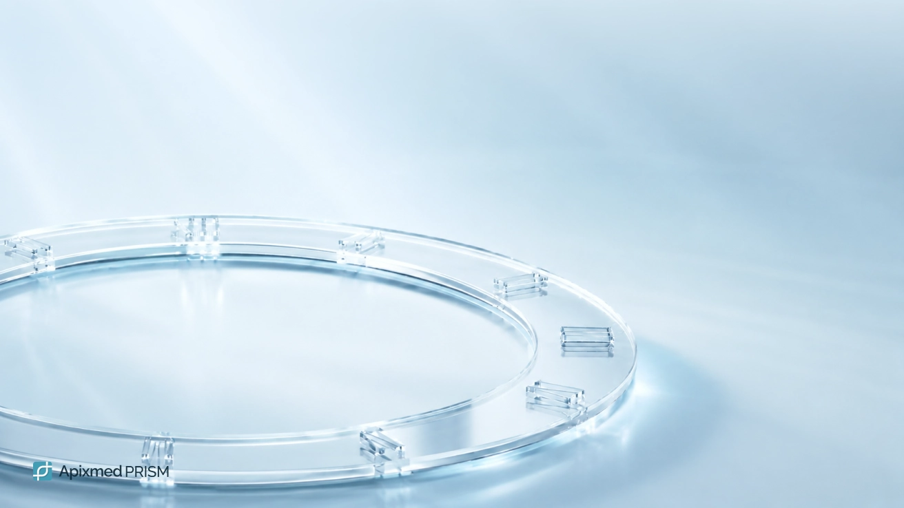 Hormonal Regulation of Circadian Rhythms — Apixmed Prism A round glass plateau resembling a clock face on a light background with the Apixmed PRISM logo — the main image for the article on the diurnal cortisol rhythm.