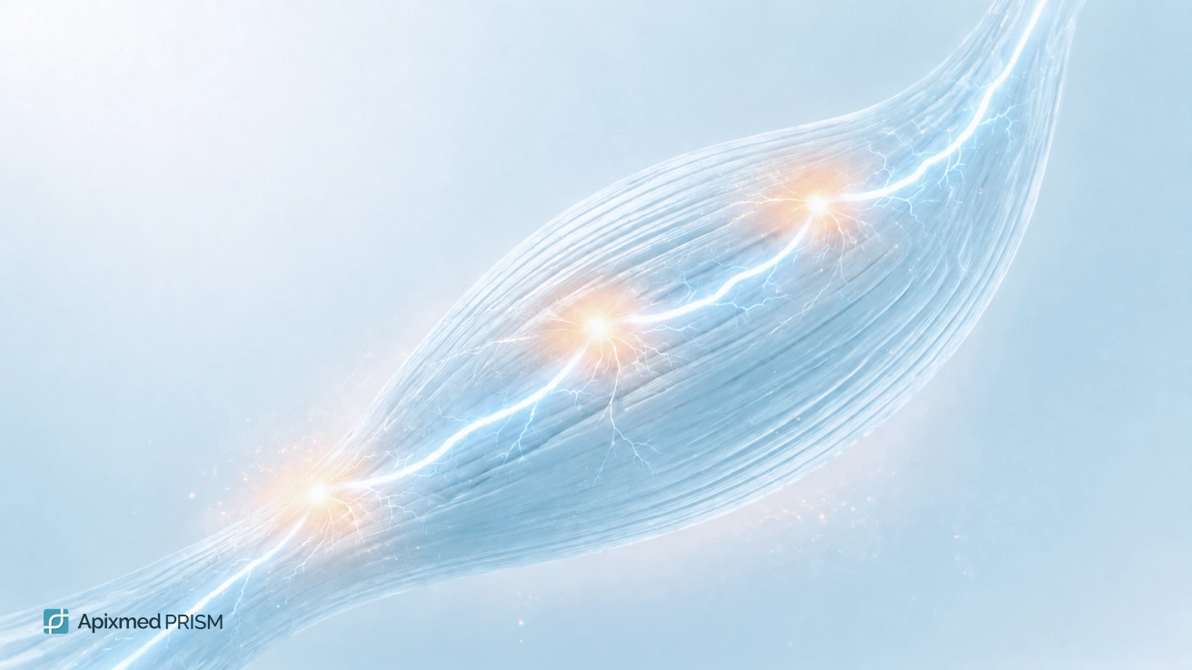 A schematic 3D model of a muscle fiber with light energy impulses and electrical discharges on a light background — the main cover image for the article on muscle structure, energy metabolism, and tissue recovery.