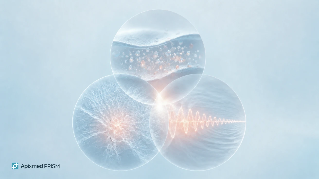 Three circles showing different biological structures — illustrating the interaction of vascular, cellular and neural systems in the stress response
