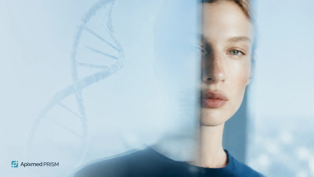 Woman against a DNA helix background — illustrating the genetic context of anxiety, depression and burnout