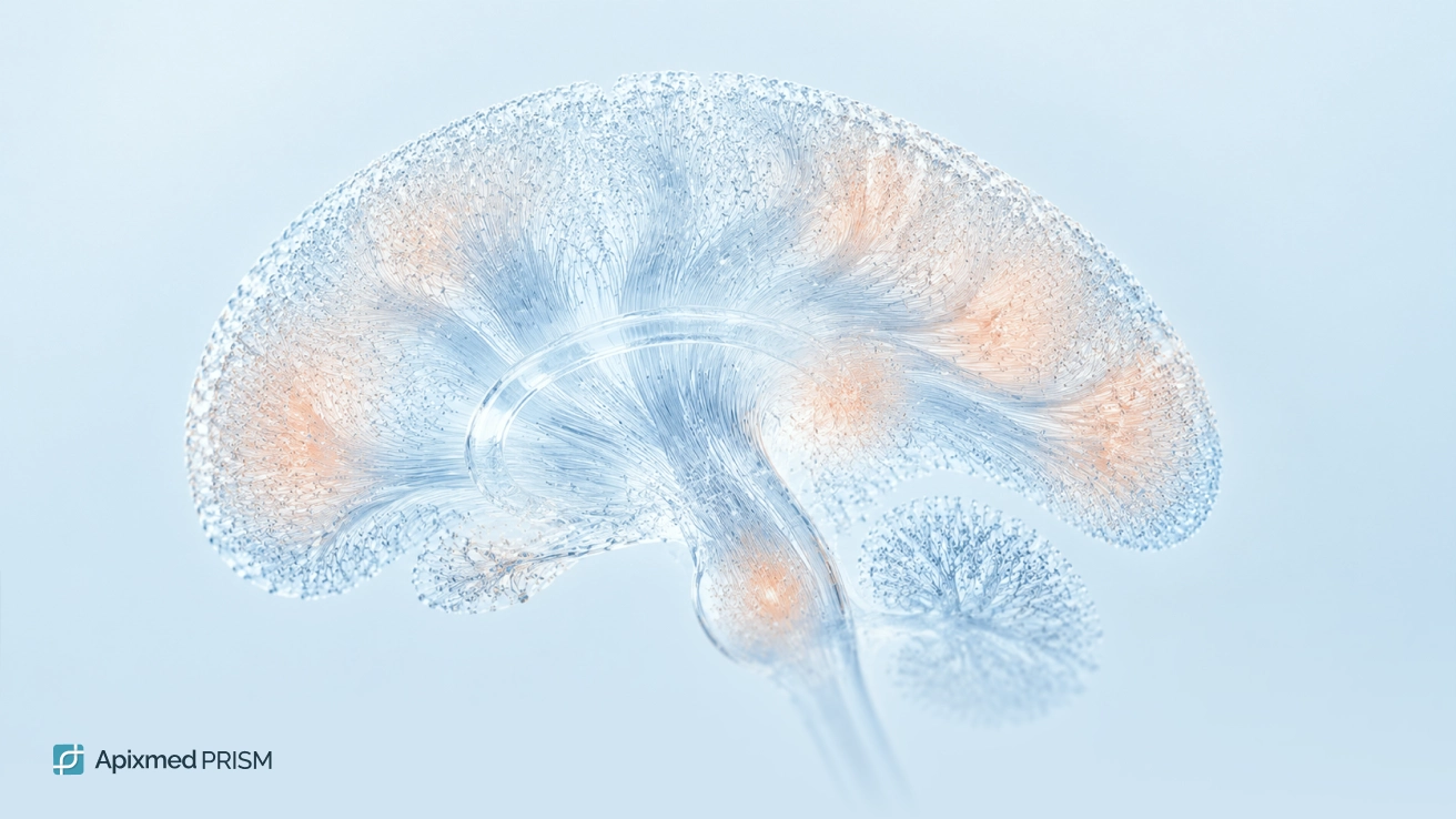 A transparent 3D model of the human brain with highlighted active neural pathways, illustrating genetic traits of cognitive function and memory.