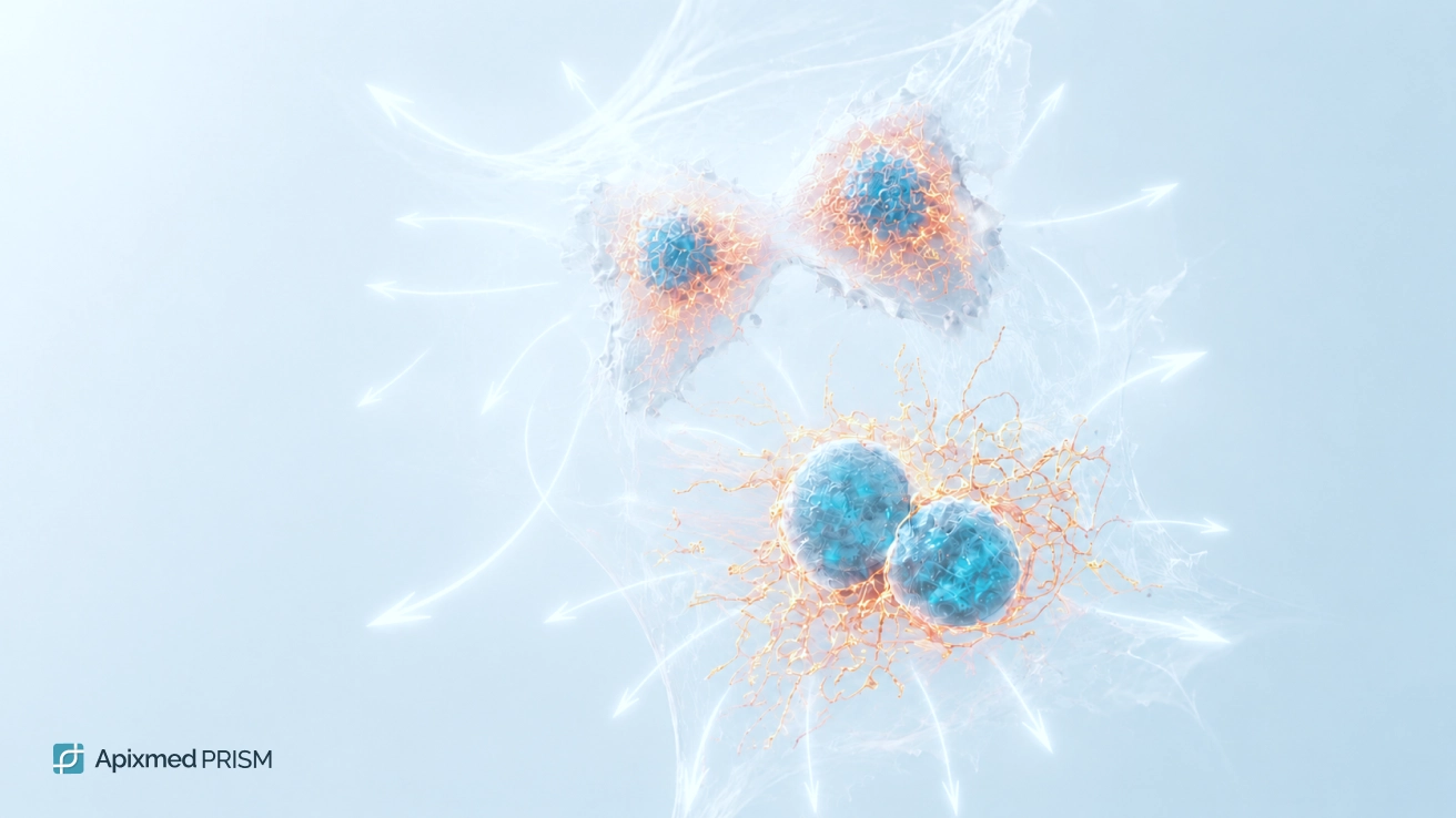 Molecular Processes in Nervous System Cells — Apixmed Prism A microscopic 3D model of cells with rising signaling pathway arrows and internal glowing activity, illustrating protective preventive mechanisms.