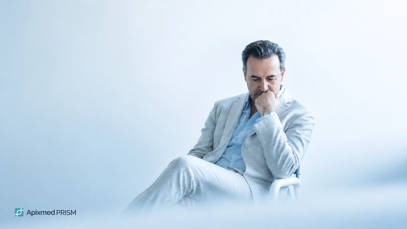 Genetic Factors of Cognitive Health and Stress Resilience — Apixmed Prism A mature man in a light suit sitting in deep thought against a blurred light background — the main cover image for the article on inherited predisposition to neurodegeneration.