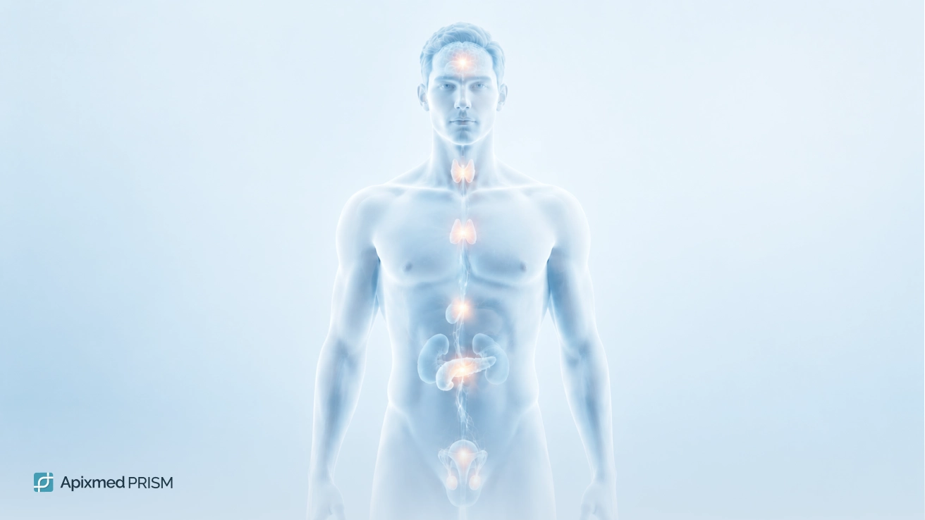 A transparent 3D human body model with highlighted biochemical regulation centers (brain, thyroid, adrenal glands, and reproductive axis) — the main cover image for the article on the genetic context of hormonal imbalance.