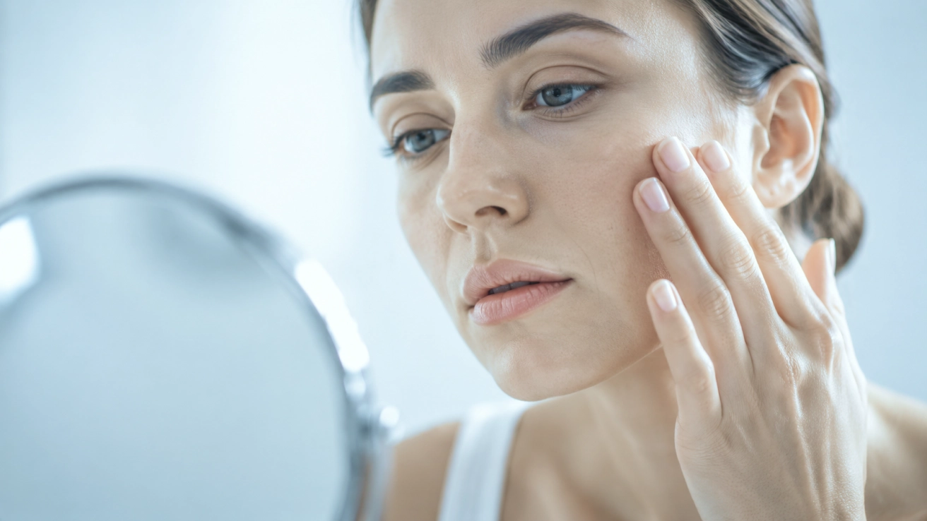 Skin Diseases: Acne, Psoriasis, Atopic Dermatitis — Apixmed Prism Woman examining her facial skin in a mirror — illustrating the cyclical course of skin conditions despite treatment — Apixmed Prism