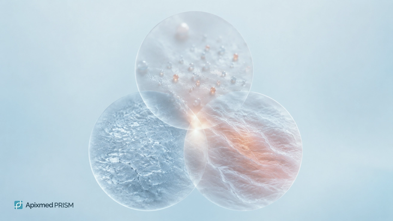 Comparison of Acne, Psoriasis and Atopic Dermatitis — Apixmed Prism Comparison of three inflammatory skin conditions: acne (follicle), atopic dermatitis (barrier function), psoriasis (cell division) — Apixmed Prism