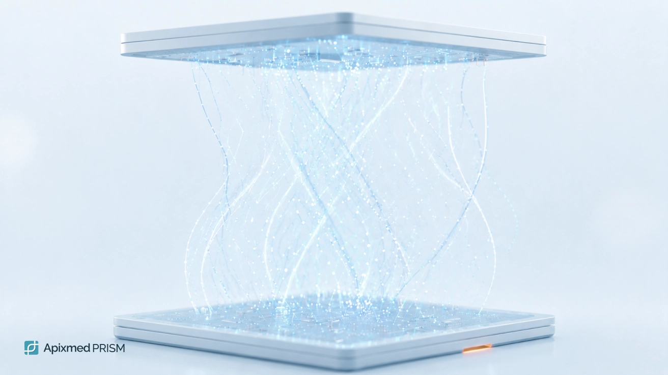 Two technological mirror plates connected by vertical luminous pathways — the main cover image for the article comparing PCR, genotyping, and sequencing methods.