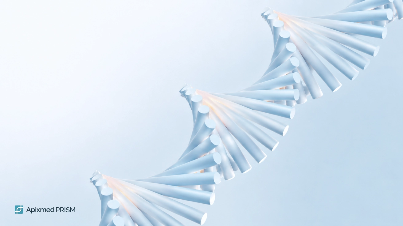 A schematic 3D DNA helix model made of transparent elements on a light background with the Apixmed PRISM logo — the main cover image for the article on the structure of genetic data.